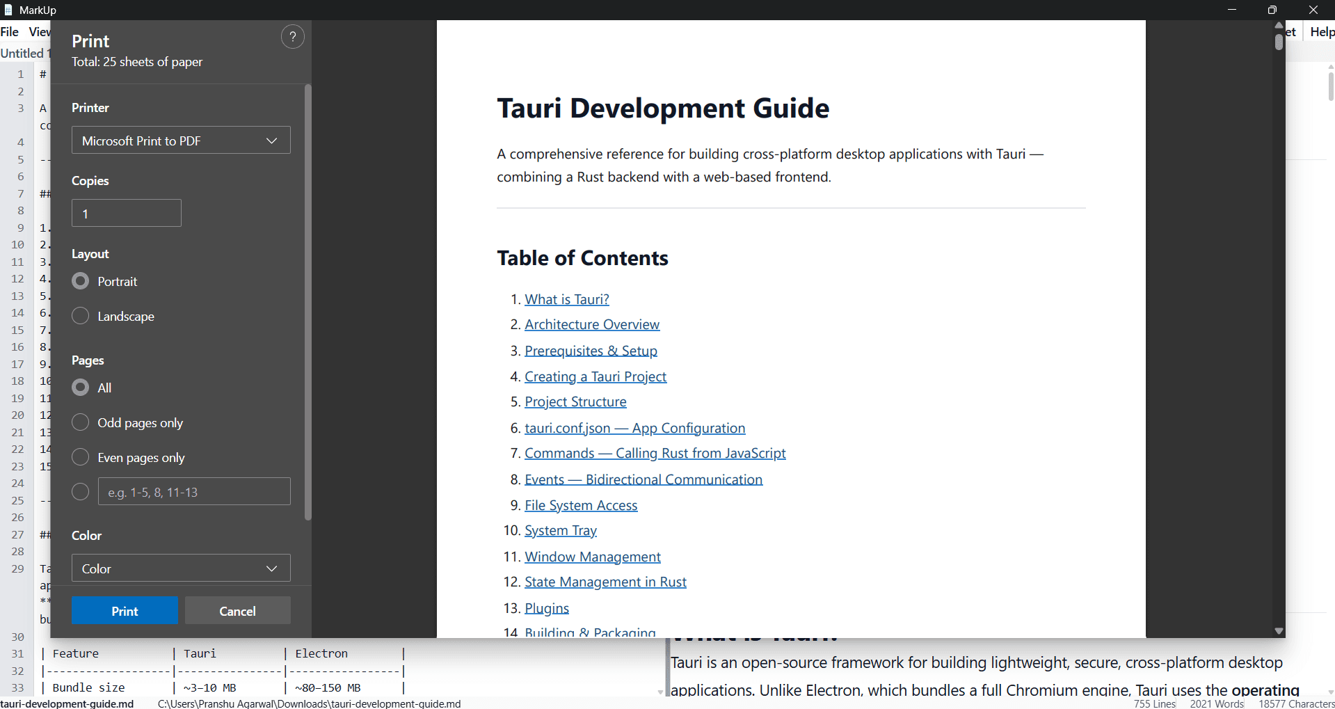 MarkUp export menu showing PDF and HTML export options