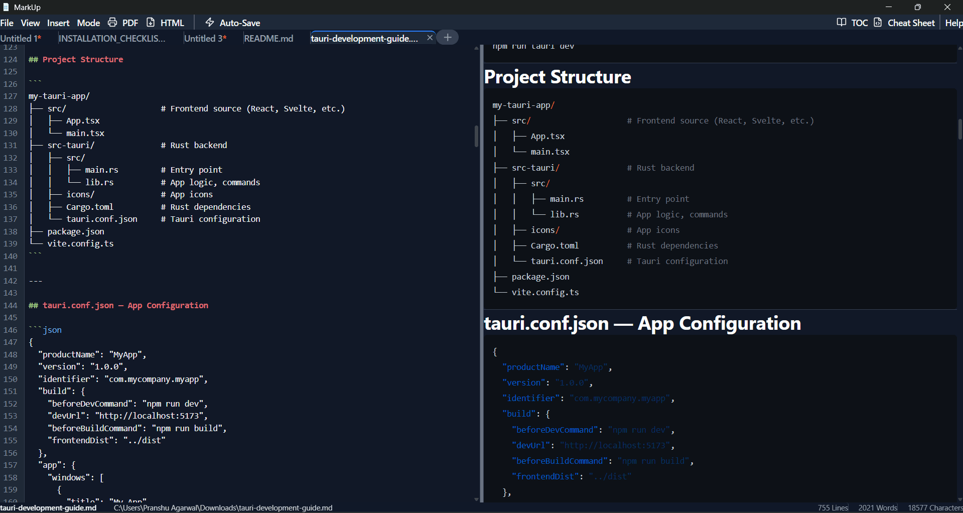 MarkUp desktop Markdown editor showing split view with editor on the left and real-time preview on the right