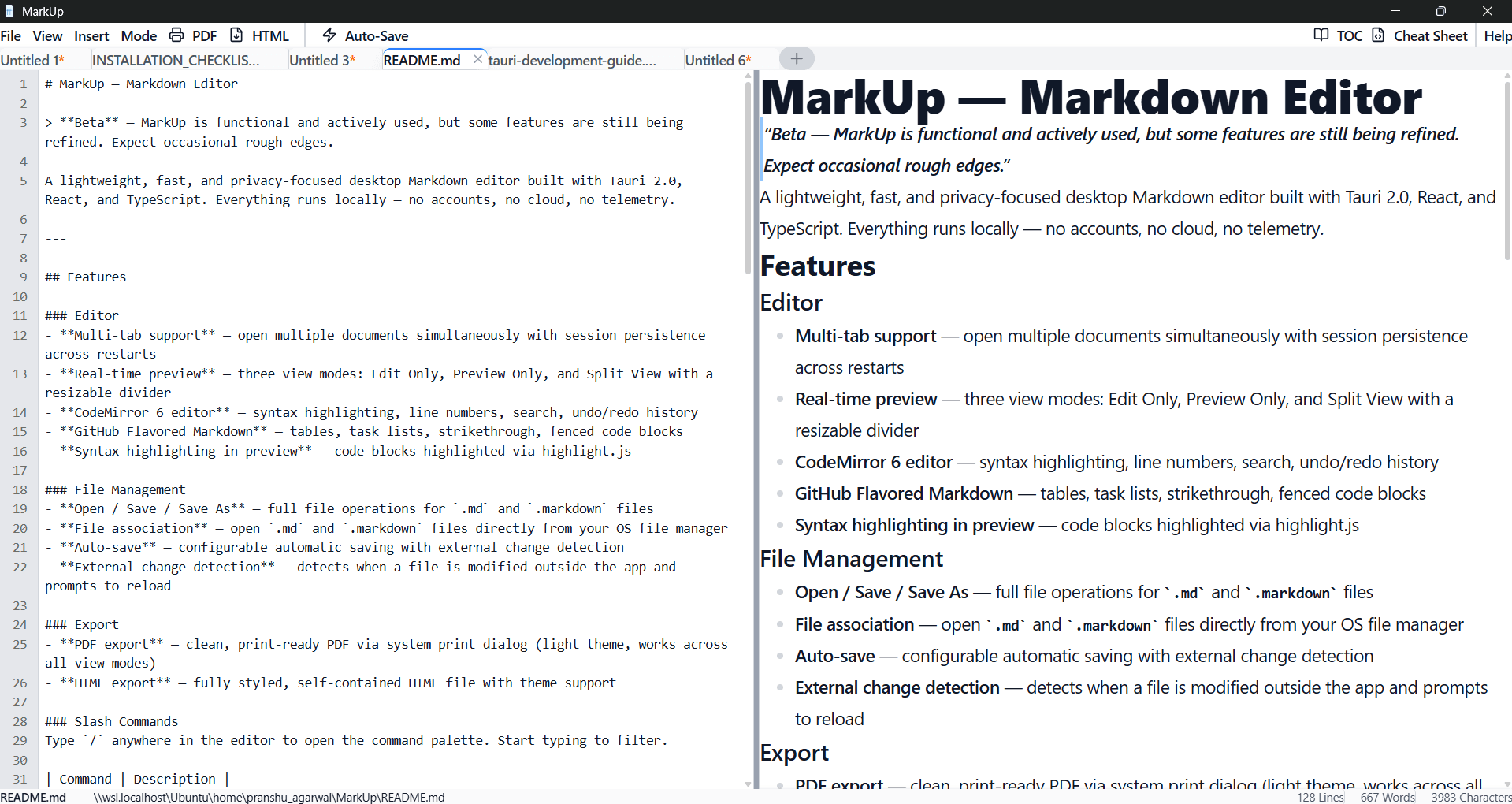 MarkUp multi-tab interface showing multiple open documents