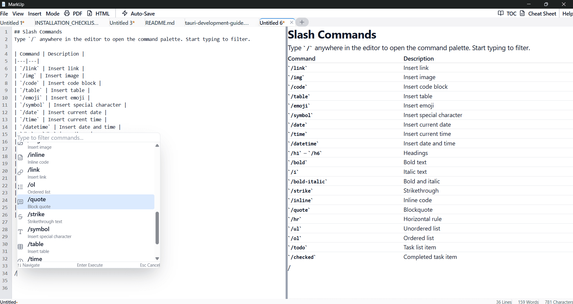 MarkUp slash command palette open showing available insert commands