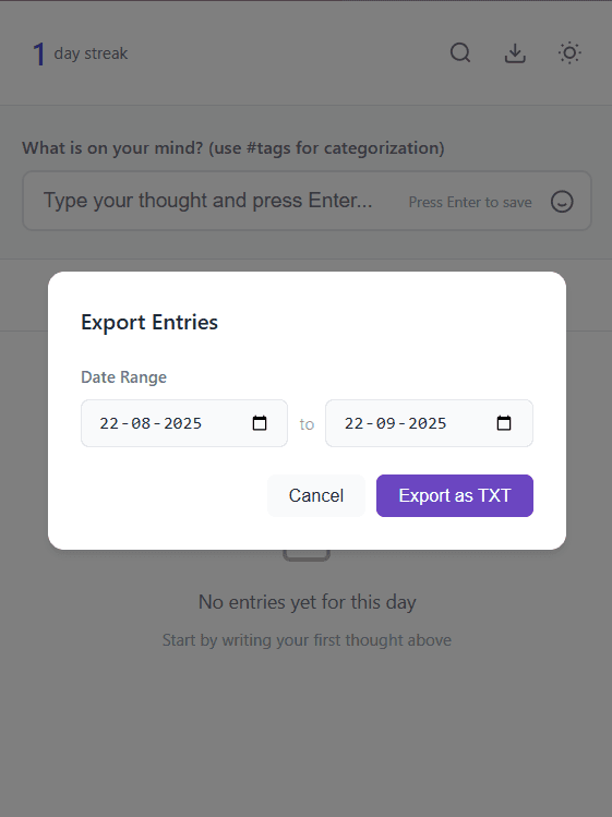 One Line Journal export entries feature