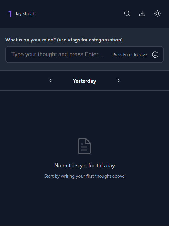 One Line Journal extension — dark mode UI showing the journal input