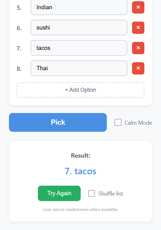 Pick For Me result screen showing the selected option